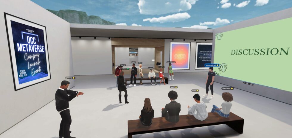 OCC Metaverse Campus snapshot - avatars standing & sitting around talking with each other